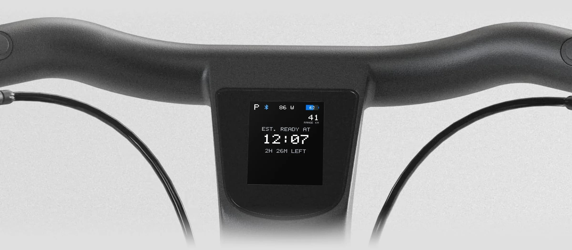 Handlebar display showing charging power and the estimated ready time