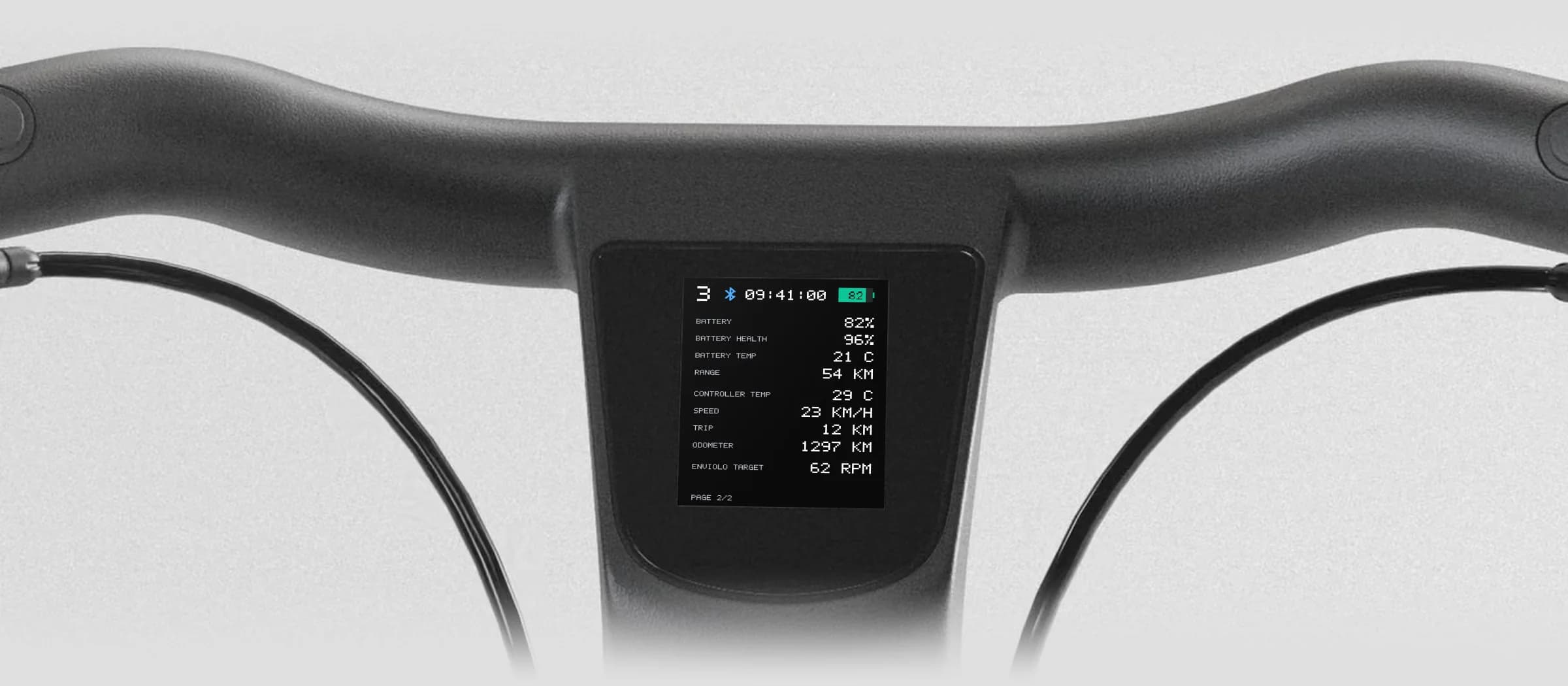 Handlebar display showing battery health, temperatures and odometer
